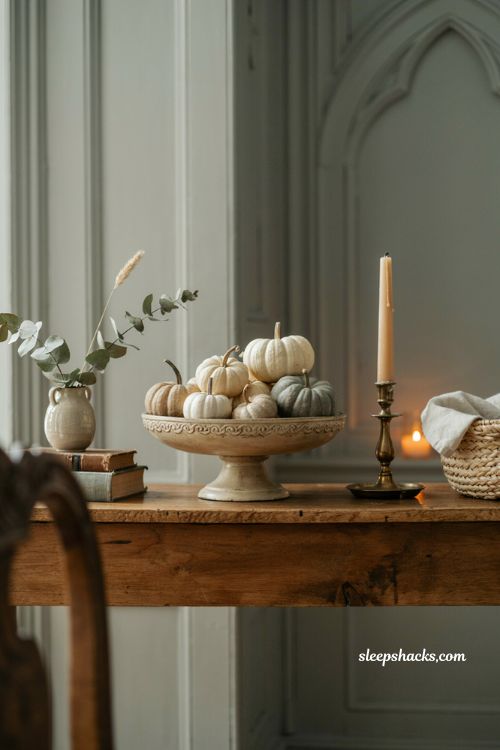 Mini pumpkin arrangement in a footed bowl for elegant Halloween decor