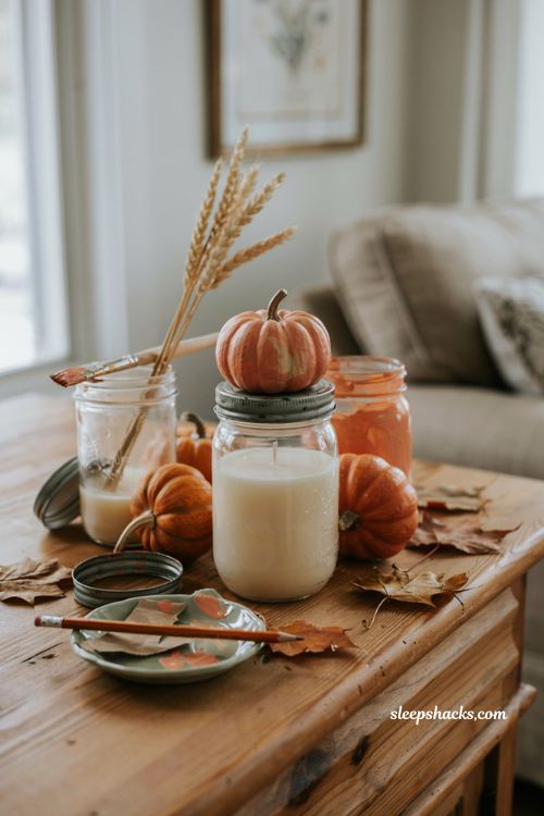 Mini pumpkin lid topper mason jar candle with rustic fall mantel decor