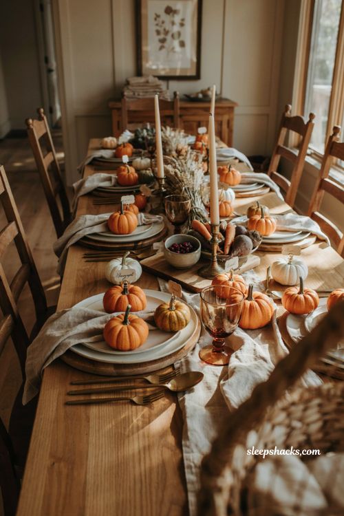 Mini pumpkin place card holders for a cozy Thanksgiving dinner table setting