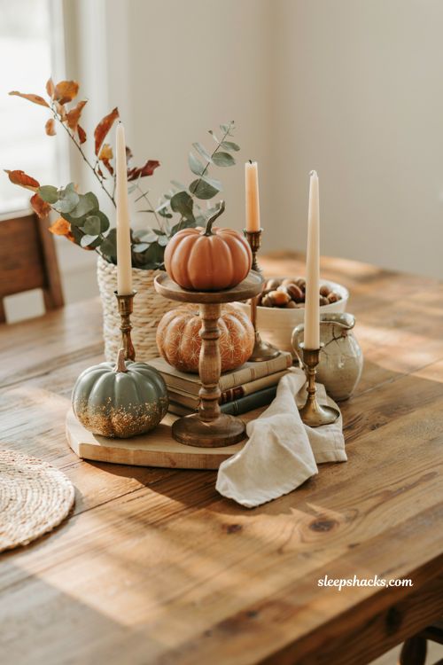 Mini pumpkin trio display with unique pumpkin decorating ideas for cozy fall table centerpiece