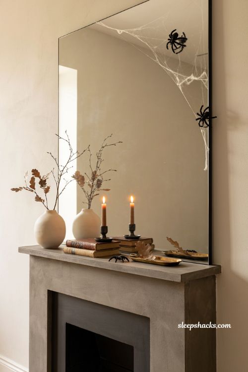 Minimal modern Halloween decor with black spiders webbed mirror and candles
