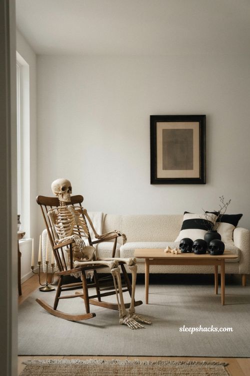 Minimalist Gothic Halloween living room decor with statement skeleton, rocking chair, and black skulls 