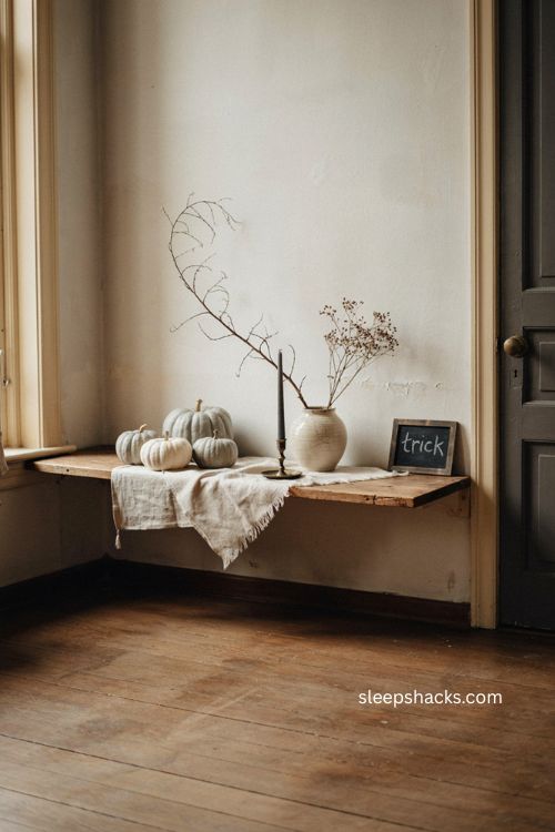 Minimalist Halloween decor with pale pumpkins black candle and dried branch