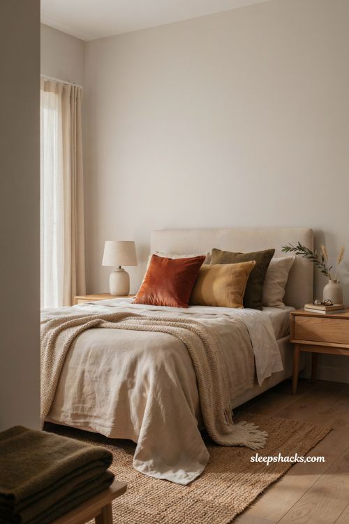 Minimalist fall bedroom decor with rust velvet pillows chunky knit blanket and neutral bedding 