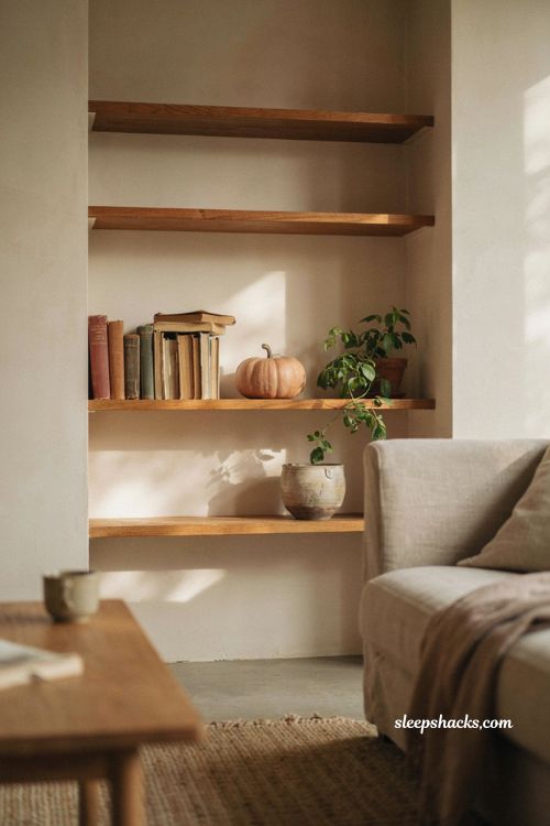 Minimalist fall decor bookcase styling with earth toned books and a small plant 