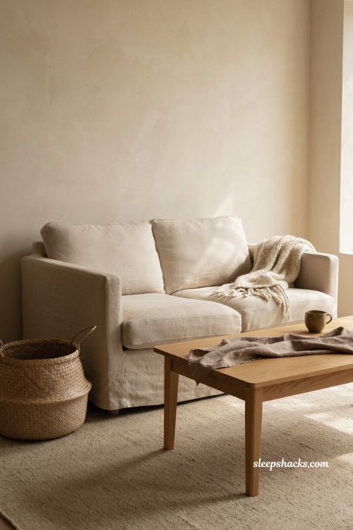 Minimalist fall decor with chunky knit throw woven basket linen and wool textures 