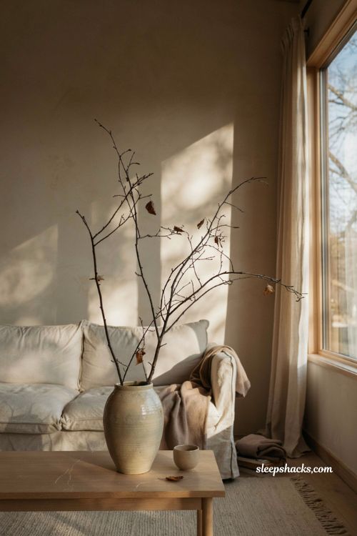 Minimalist fall decor with foraged branches in a tall vase by a window 