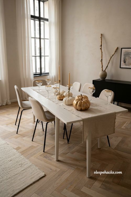 Minimalist fall decor with gold accents white pumpkins and neutral dining room 