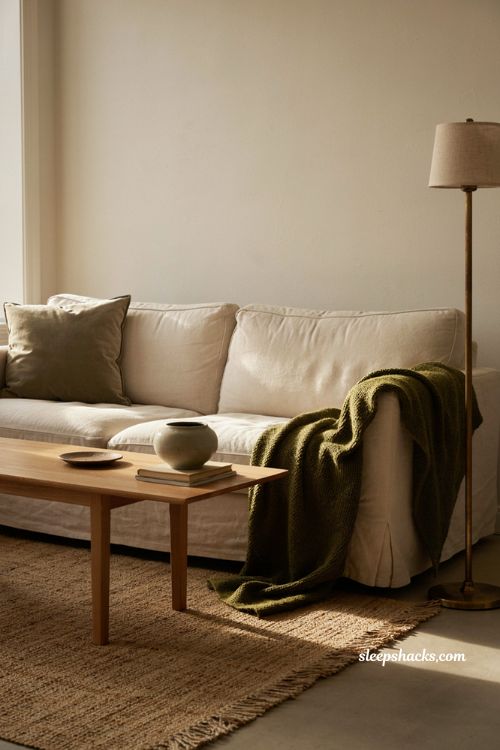 Minimalist fall decor with tonal olive green pillows knit blanket and neutral living room 