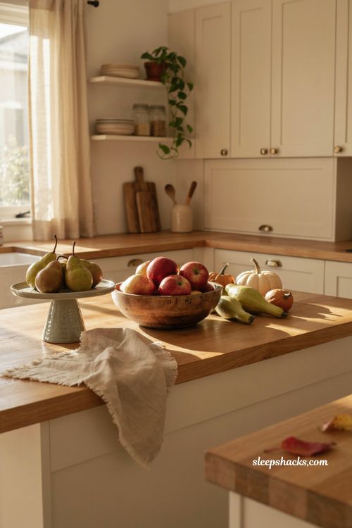 Minimalist fall kitchen decor with seasonal apples pears pumpkins and natural wood 