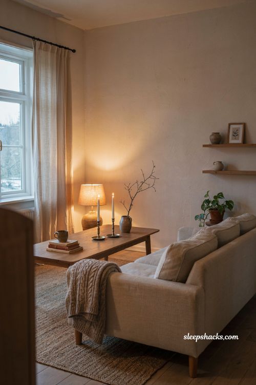 Minimalist fall living room with warm ambient lighting candles and cozy neutral decor 