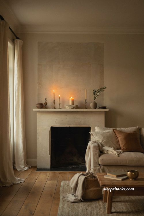 Minimalist fall mantel with oversized pillar candle and serene fireplace decor