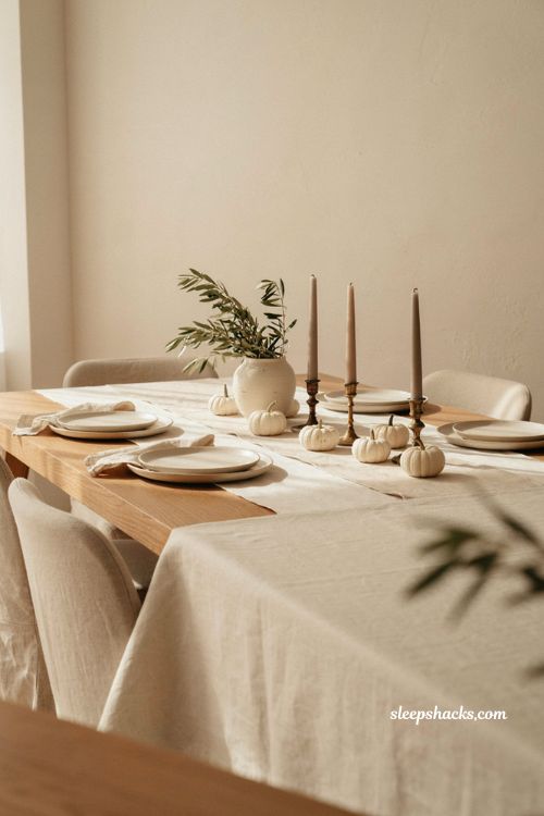 Minimalist fall table decor with white pumpkins olive branches and vintage brass 