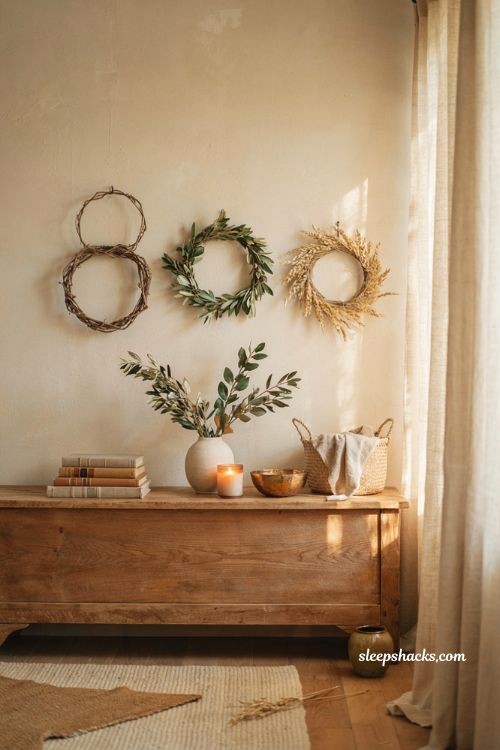 Minimalist fall wreath wall ideas with trio display for a cozy entryway
