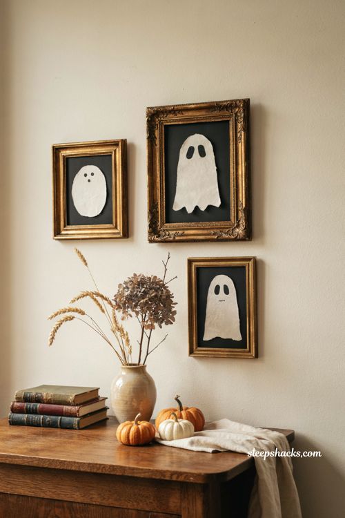 Minimalist ghost art in an ornate gold frame for Halloween decor