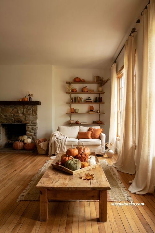 Mix of real and faux pumpkin ideas for cozy indoor fall home decor