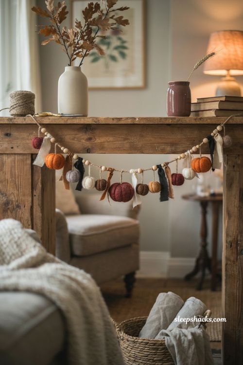 Mixed material twine Halloween garland DIY with felt balls fabric shapes and beads