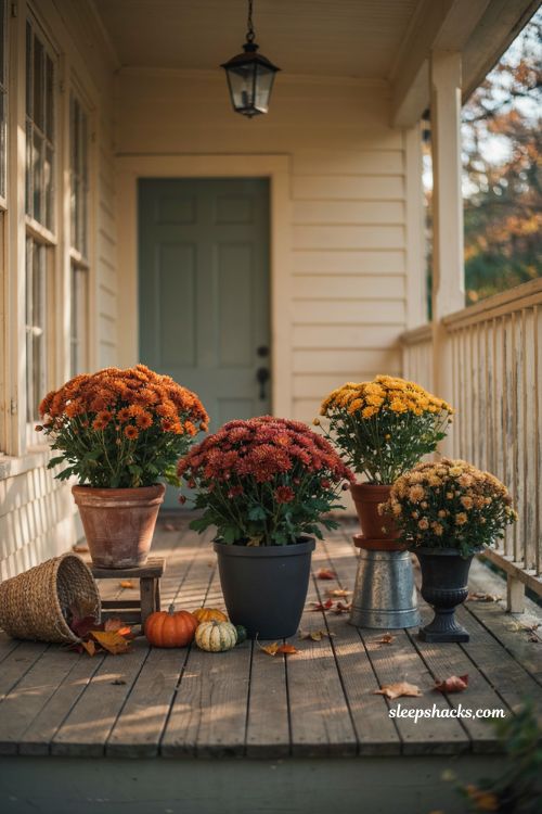 Mixed mum planter fall decor with rust burgundy and gold chrysanthemums terracotta pots and cozy autumn porch 