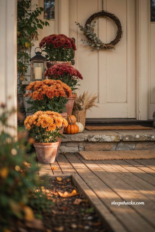 Mixed mums in burgundy orange and yellow terracotta pots for fall porch decor