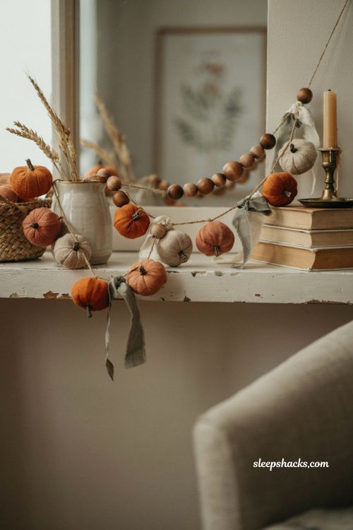 Mixed texture pumpkin garland with felt wood and ribbon