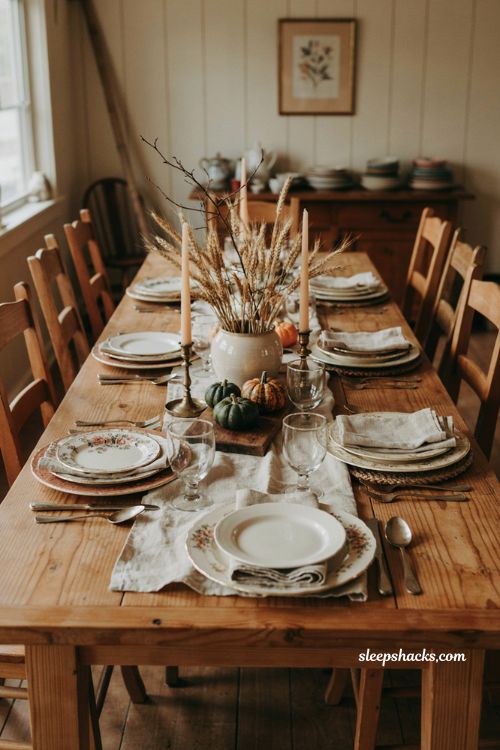 Mixed vintage china and modern plates for a cozy Thanksgiving table setting