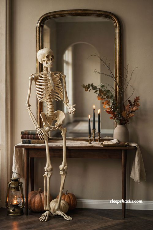 Modern Halloween entryway with life size skeleton mirror candles books and fall foliage