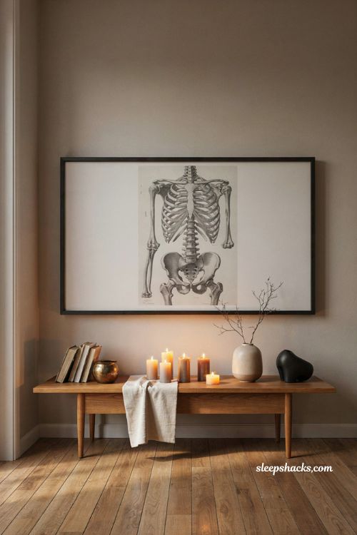 Modern Halloween frame TV art with skeleton artwork and LED candle decor