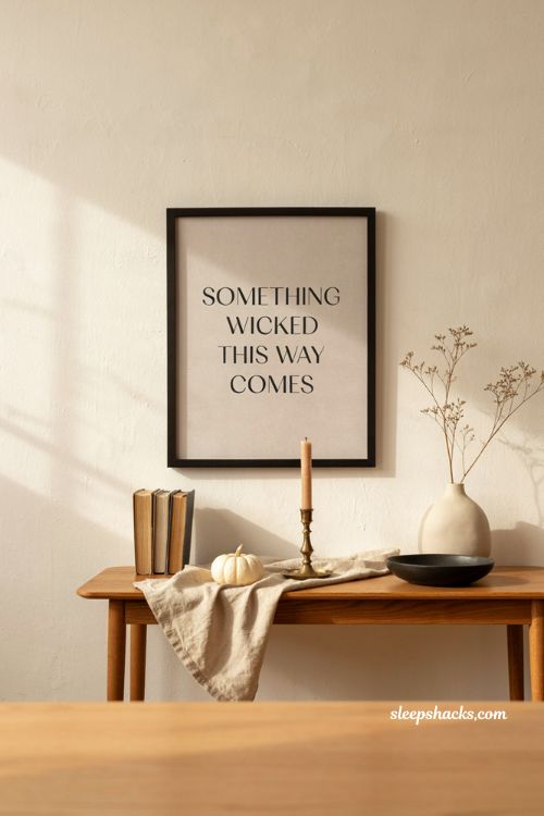 Modern Halloween framed spooky word art with minimalist console decor