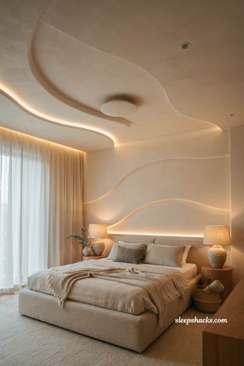 Modern bedroom fall ceiling with soft curved design warm led lighting and neutral decor