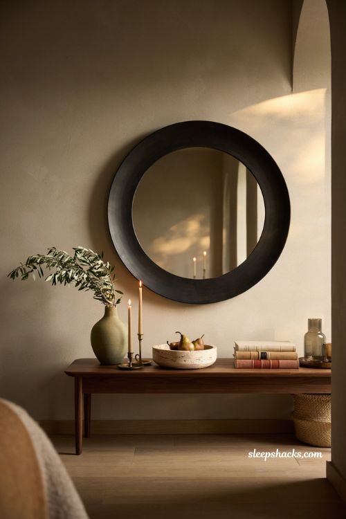 Modern fall decor ideas with a round black mirror in a contemporary entryway