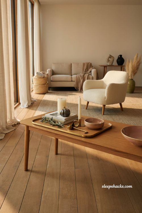 Modern fall decor ideas with a wood and brass tray on a contemporary coffee table