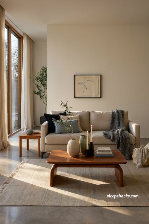 Modern fall decor ideas with a wool rug and chunky knit throw in a contemporary living room