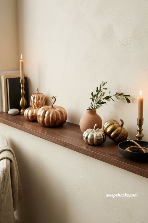 Modern fall decor ideas with gold metallic pumpkins on a contemporary mantel