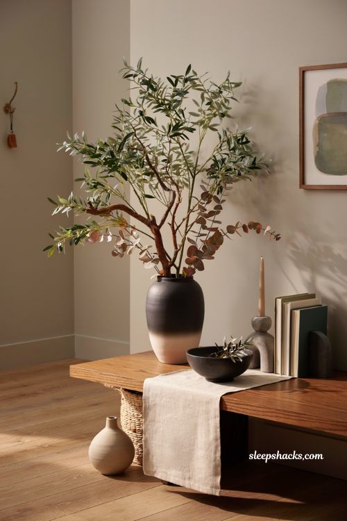 Modern fall decor ideas with sculptural olive branches in a contemporary entryway