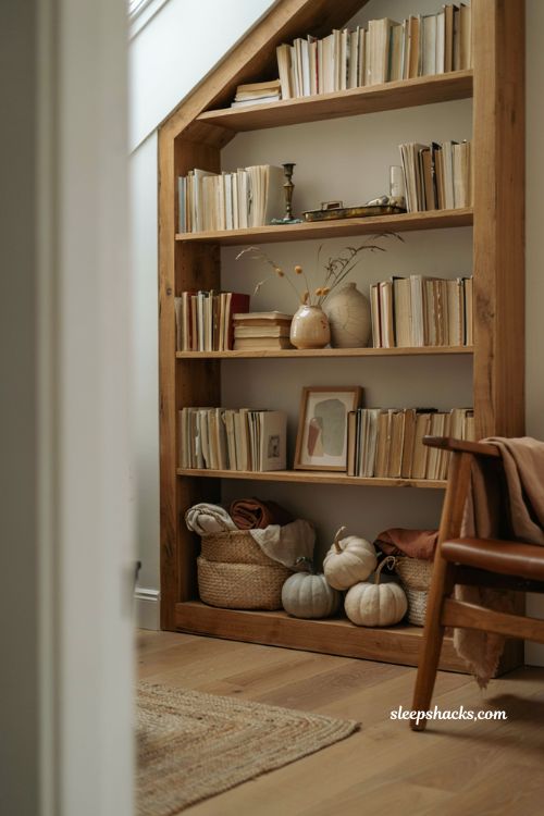 Modern fall decor with books facing outward and neutral pumpkin accents 