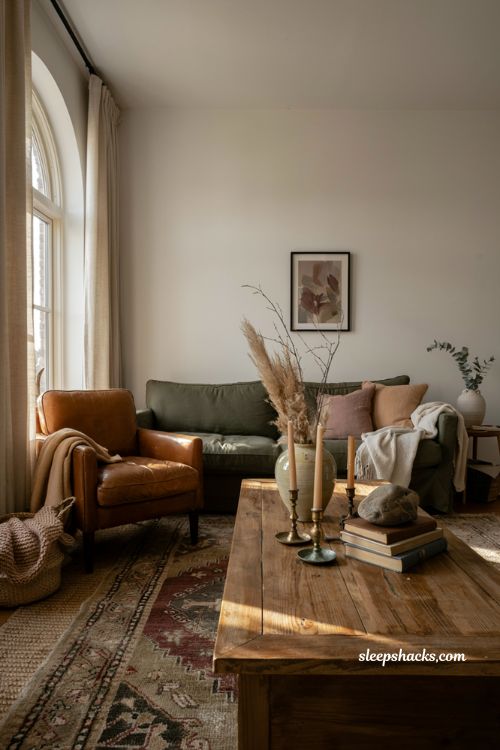Modern fall decor with deep green leather and warm wood textures 