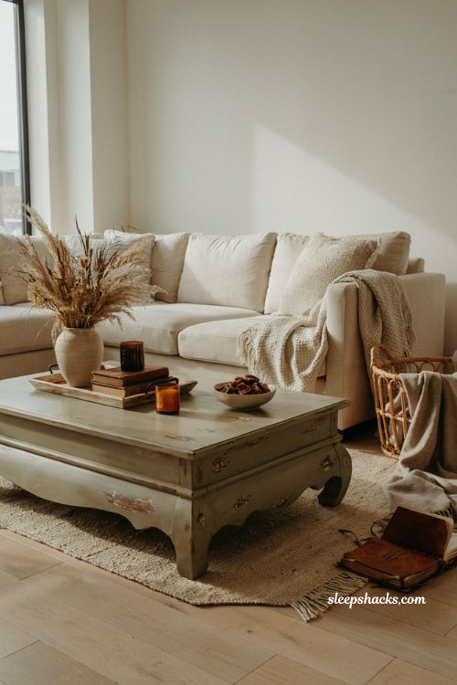 Modern fall decor with distressed sage wood furniture and neutral textures 