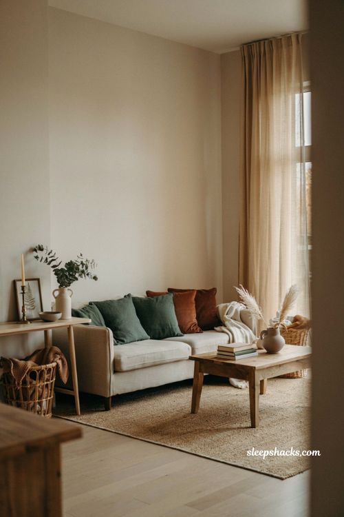Modern fall decor with earthy green brown and warm neutral tones 