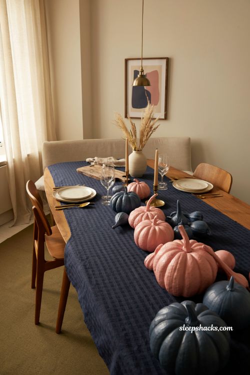Modern fall decor with hot pink navy pumpkins and gingham accents 