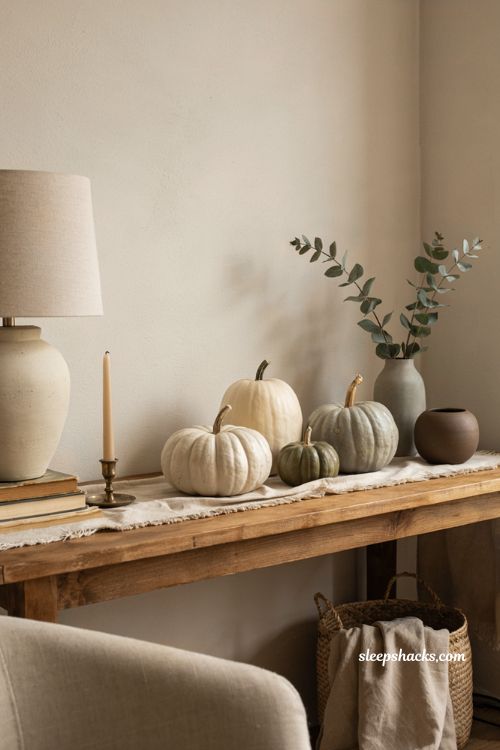 Modern fall decor with neutral faceless pumpkins in cream and sage 