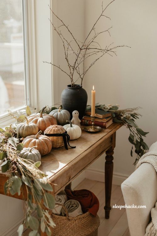 Modern fall decor with neutral pumpkins black accents and subtle Halloween touches