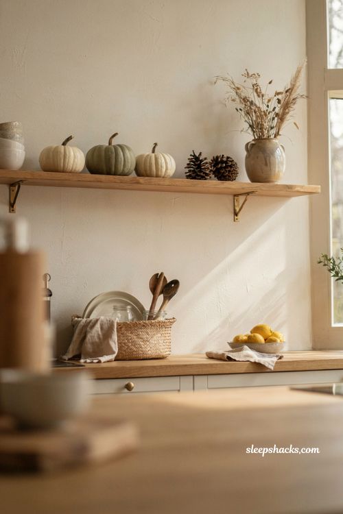 Modern fall decor with simple kitchen shelf pumpkins and dried florals 