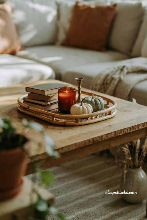 Modern fall decor with styled wood tray candle books and mini pumpkins 