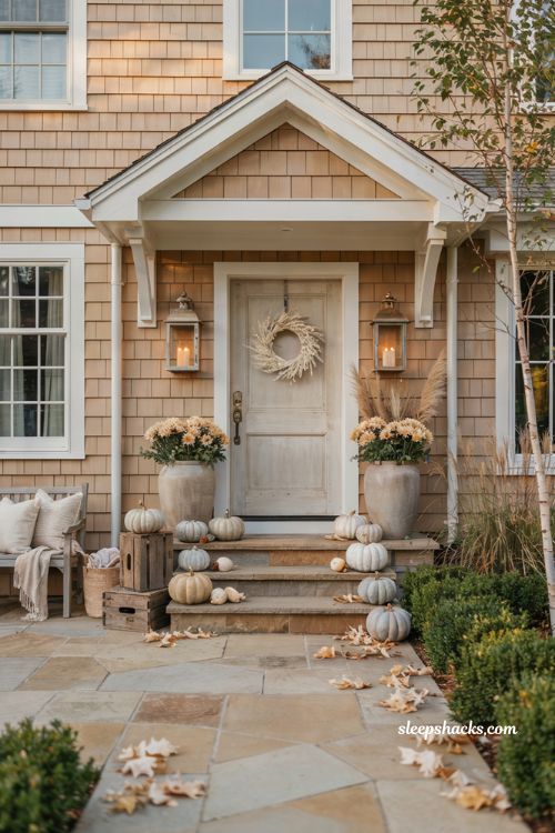 Monochromatic fall exterior decor with white pumpkins cream planters and neutral porch