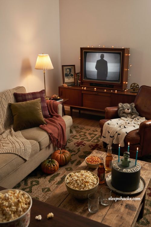 Monster movie night birthday party ideas cozy Halloween movie decor popcorn cake