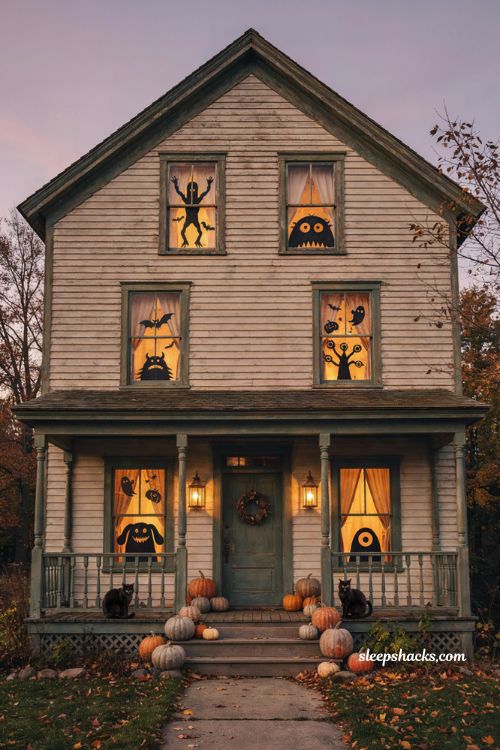 Monster silhouette Halloween window display with playful cartoon creatures 