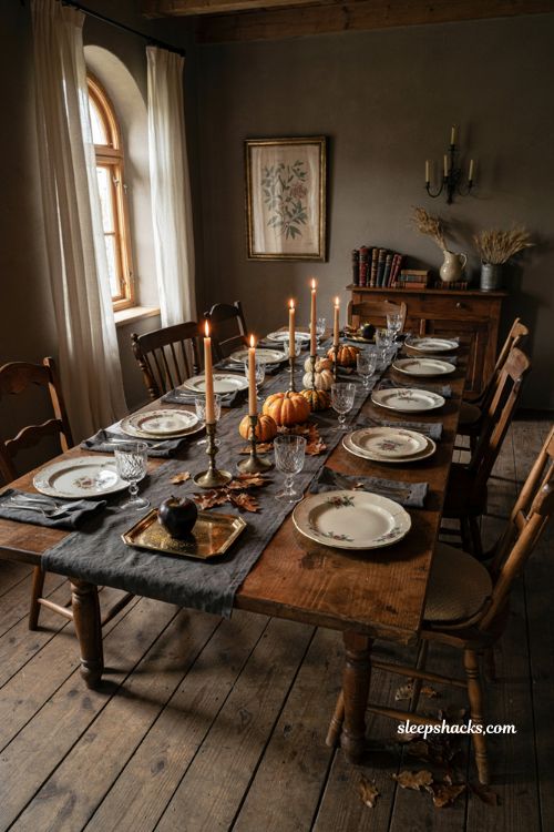 Moody Halloween dining table decor with vintage pumpkins candles and dark linens