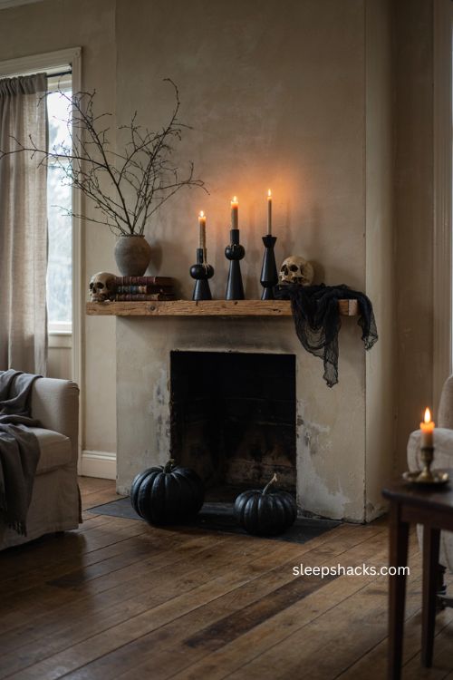 Moody Halloween fireplace with black mantel decor candles skulls and aged textures