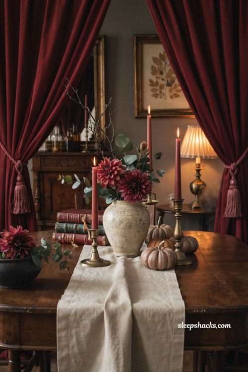 Moody burgundy floral arrangement with black branches for elegant Halloween decor