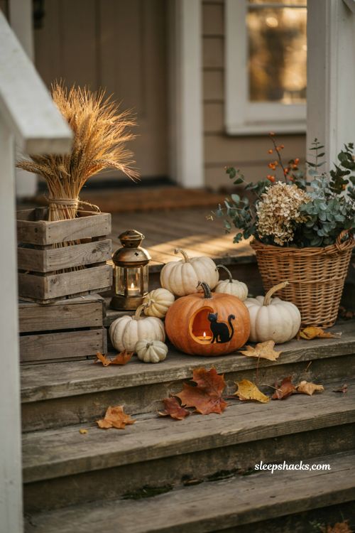 Moon and cat silhouette pumpkin carving idea for a cozy glowing Halloween front porch